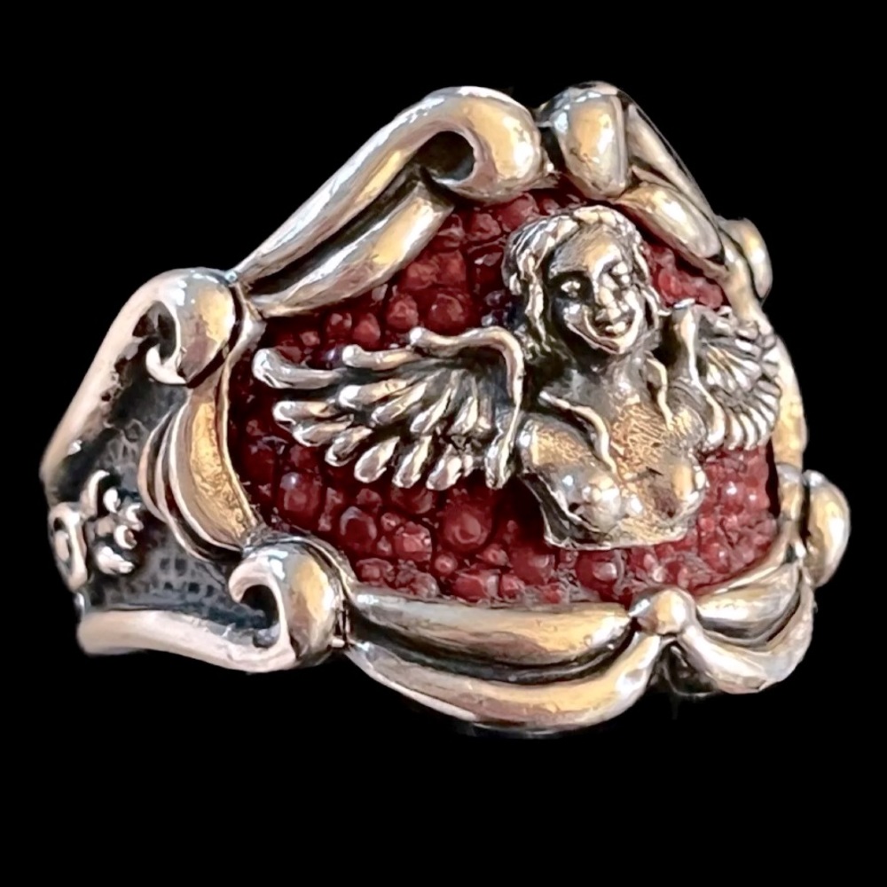 HUGE Sterling Silver Angel Wings Biker Sturgis Sting Ray Leather Ring 12